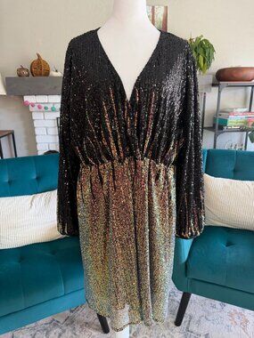 Red Dot Boutique Black Iridescent Ombré Sequin Wrap Mini Dress | Size 1X